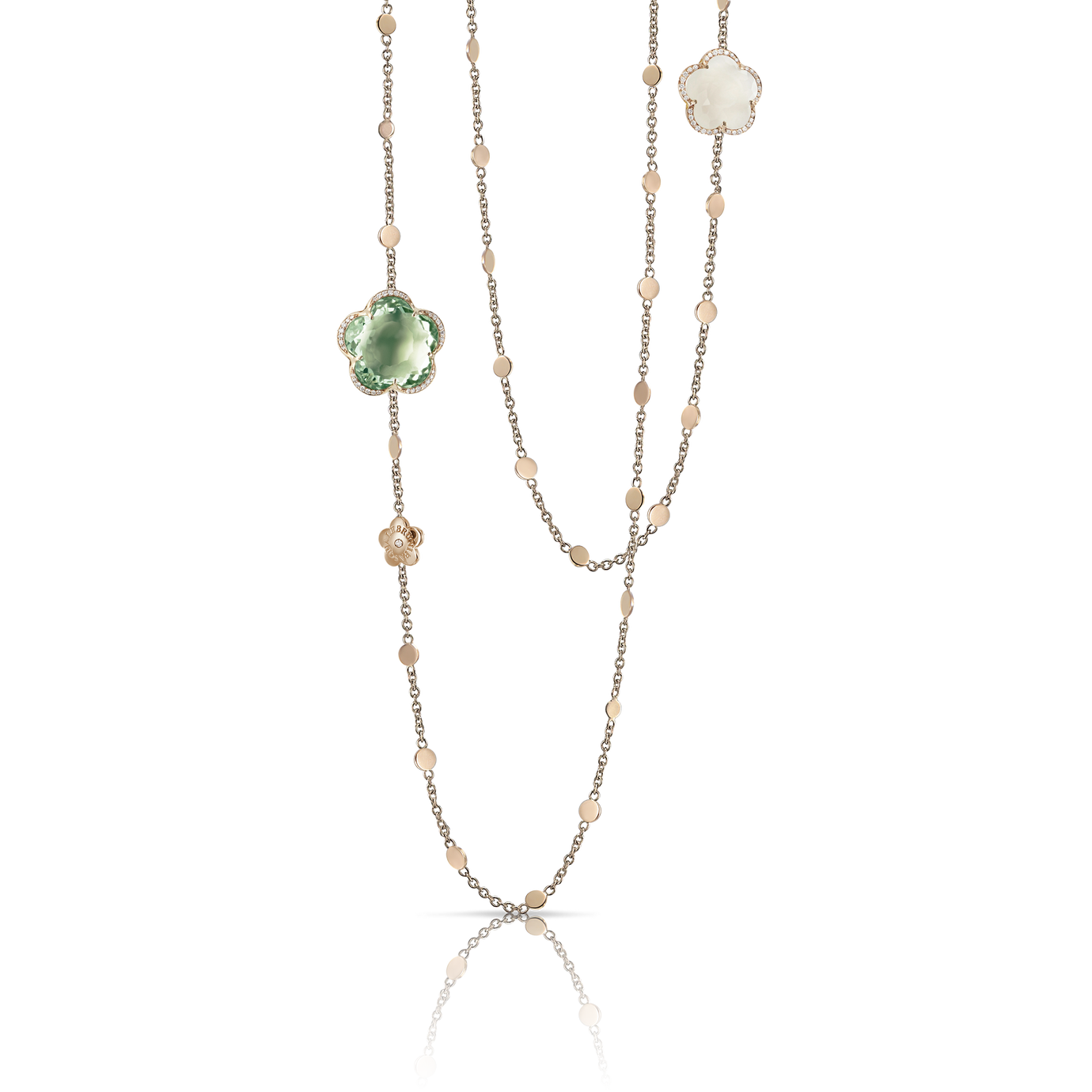 Sautoir in 18k Rose Gold with Prasiolite, Milky Quartz and Diamonds.