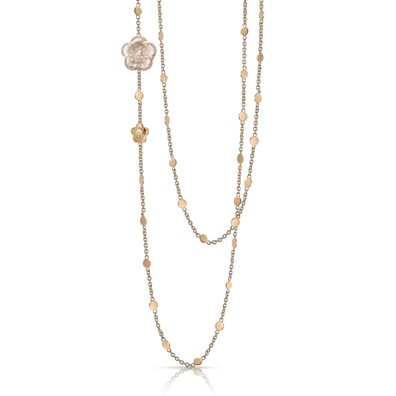 Sautoir en or rose 18 carats avec cristal de roche et diamants blancs et champagnes
