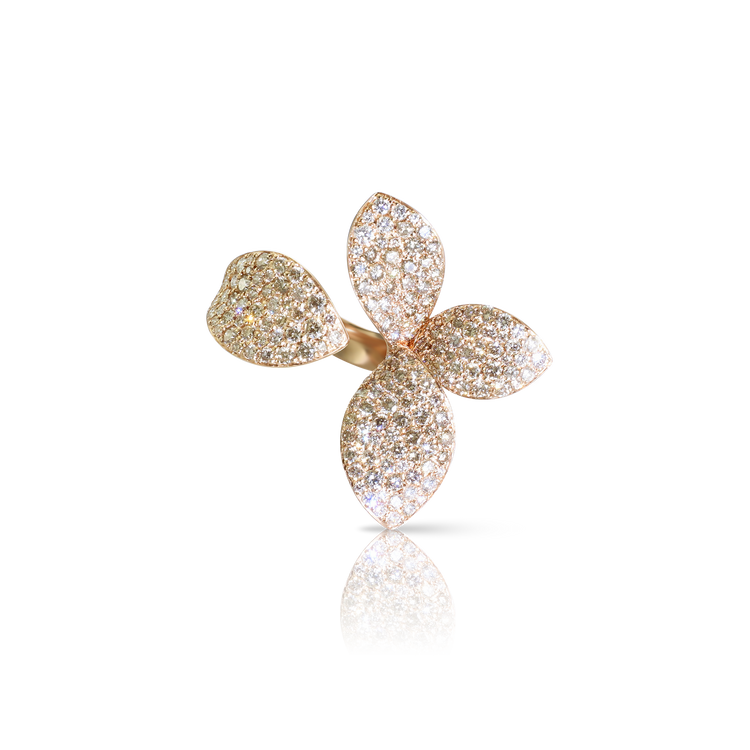 Giardini Segreti Left Hand Pinky Ring in 18k Rose Gold with White and Champagne Diamonds.