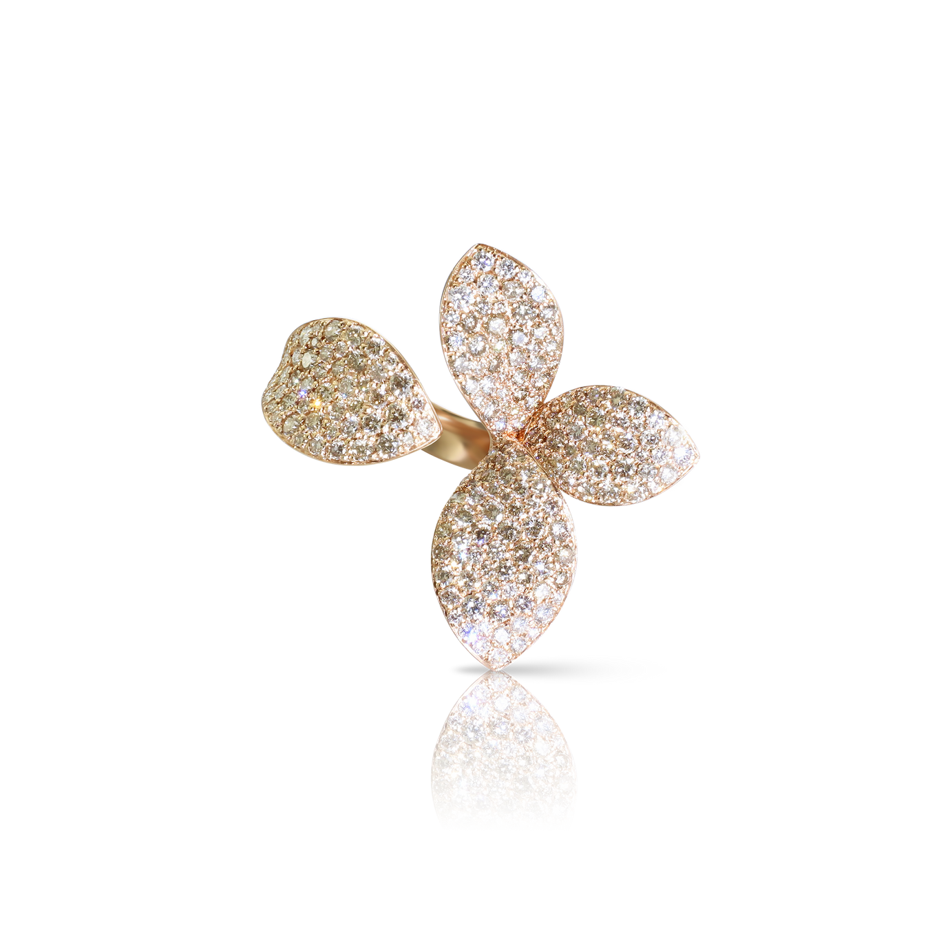 Giardini Segreti Left Hand Pinky Ring in 18k Rose Gold with White and Champagne Diamonds.