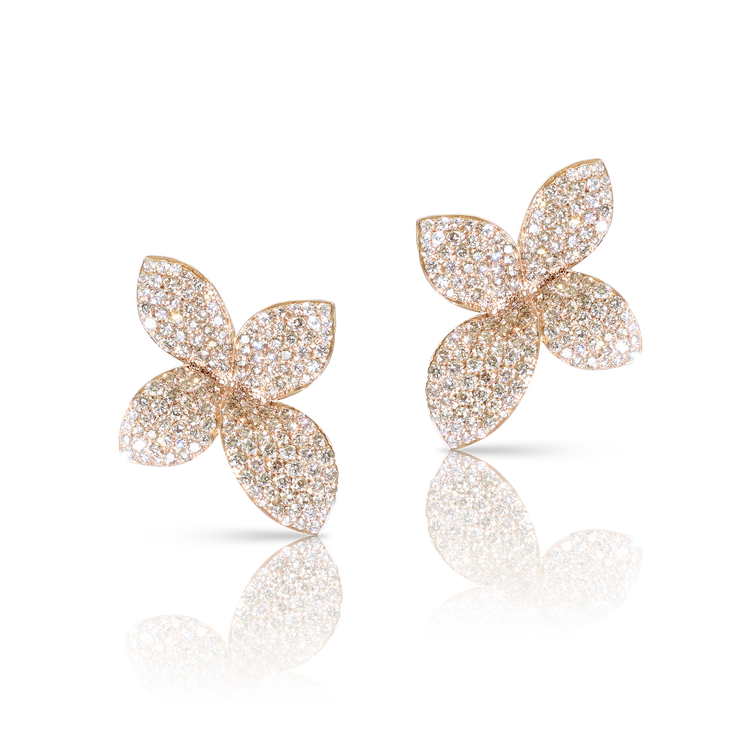 Giardini Segreti Small Flower Earrings in 18k Rose Gold with White and Champagne Diamonds.